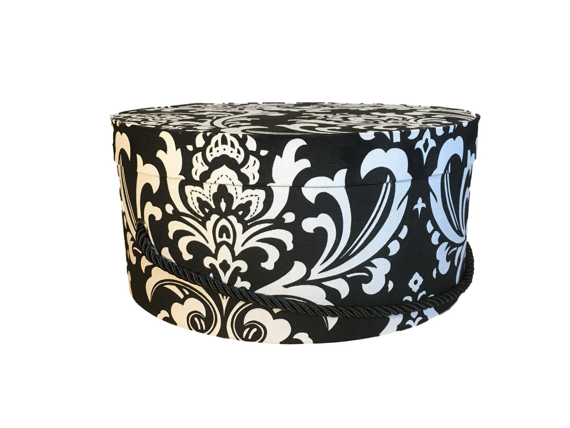 14” Hat Box in Black and White Damask, Decorative Fabric Covered Hat