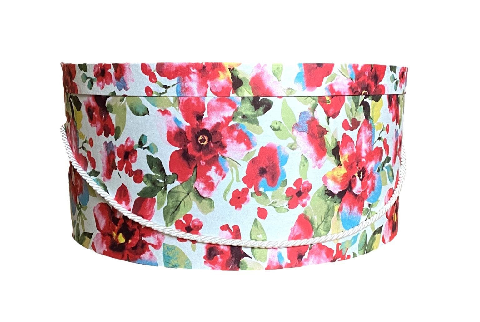 Extra Large 20” Hat Box in Pink and Blue on White Floral Fabric