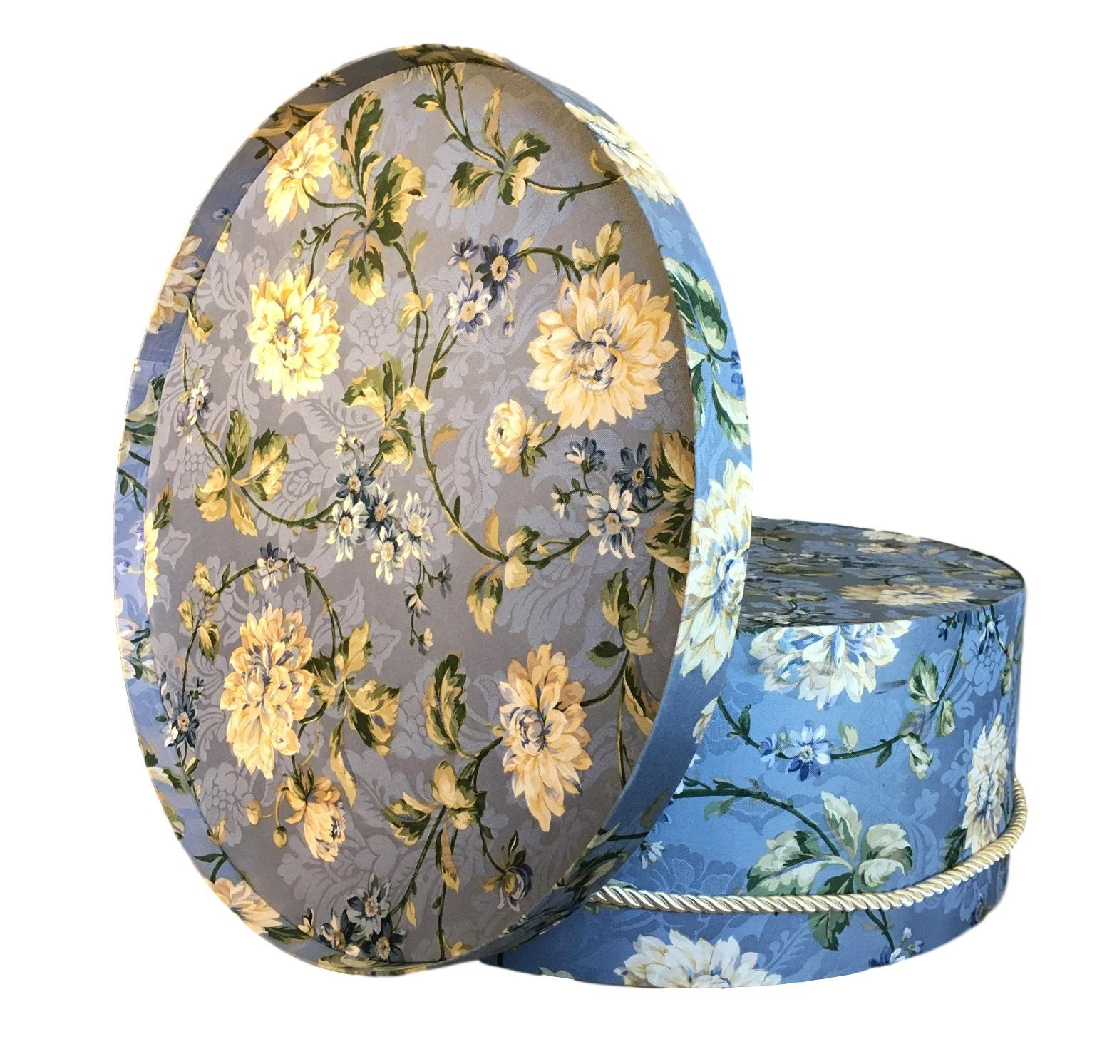 Large 16”X 8” Hat Box in White and Blue Floral Fabric