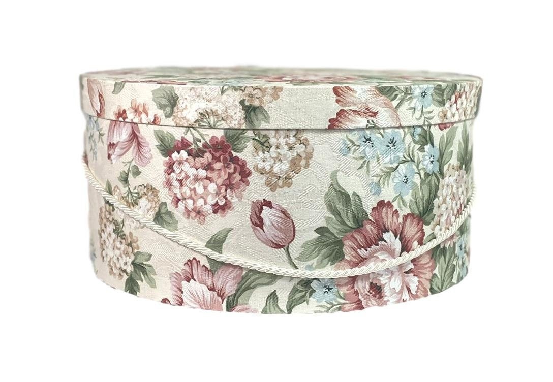 Extra Large 20” Hat Box in Pink and Blue on White Floral Fabric