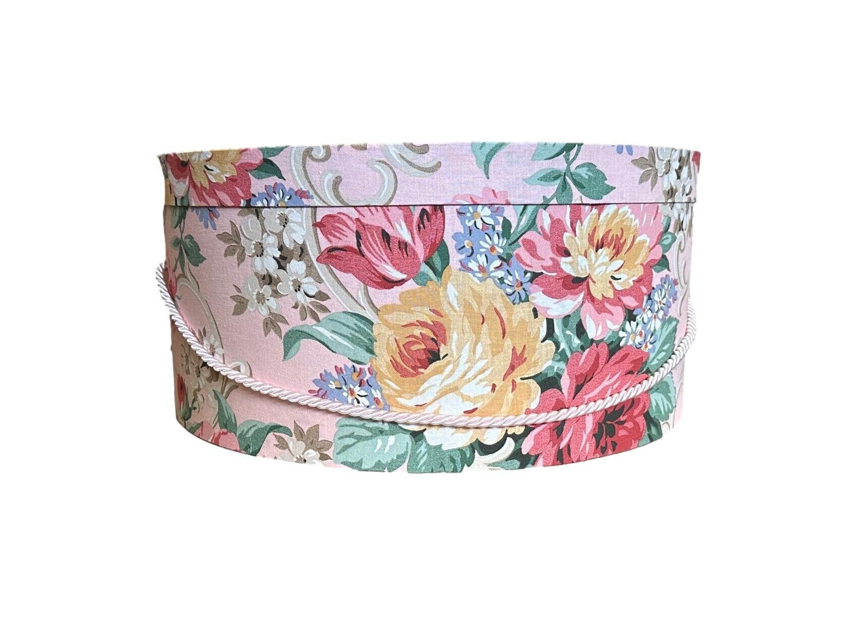 Extra Large 18 x8 Hat Box in Vintage Pink Scroll Fabric