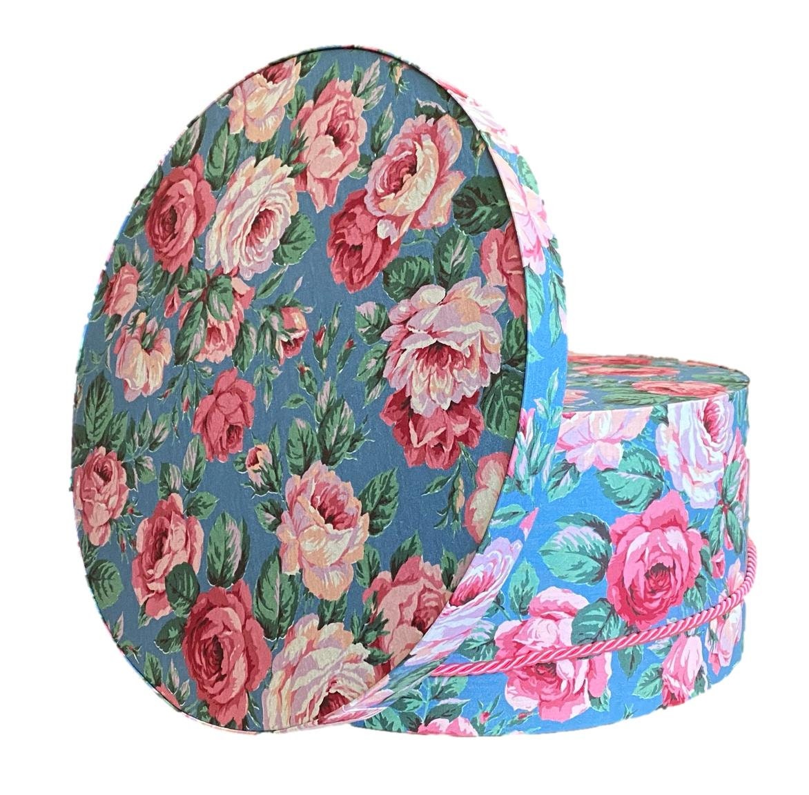 Extra Large 20” Hat Box in Pink and Blue on White Floral Fabric