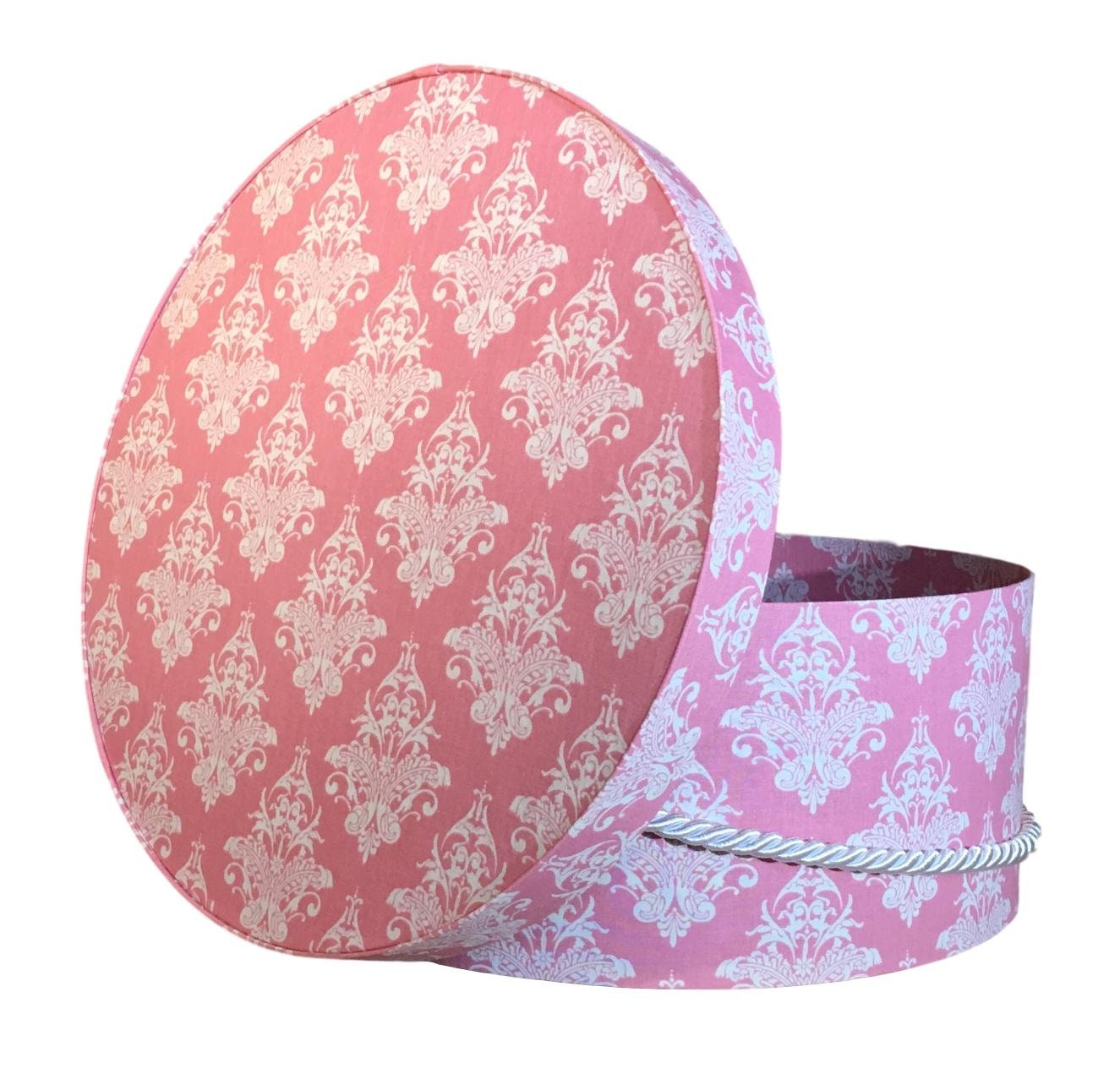 14” Hat Box in Pink and White Damask Fabric