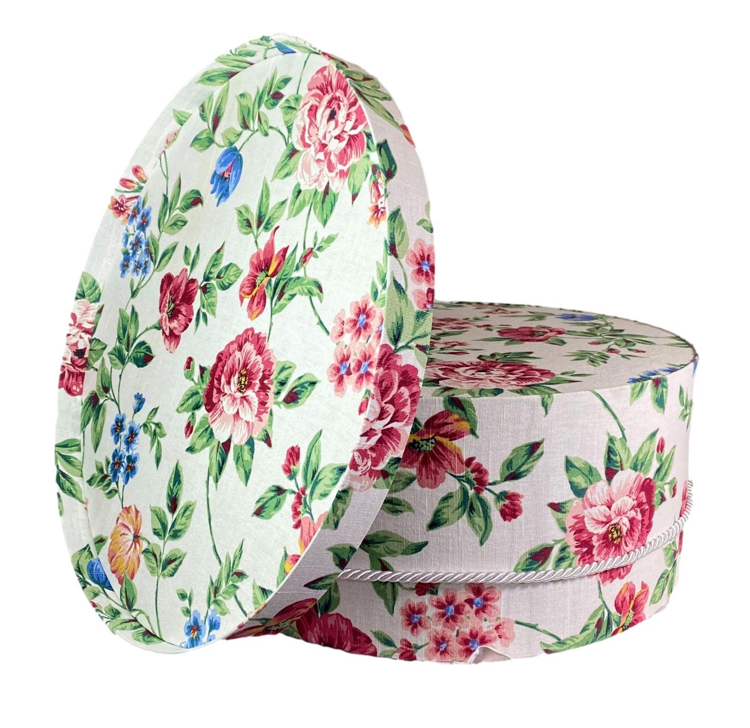 Extra Large 18” Hat Box in Red and Blue Floral on White Fabric