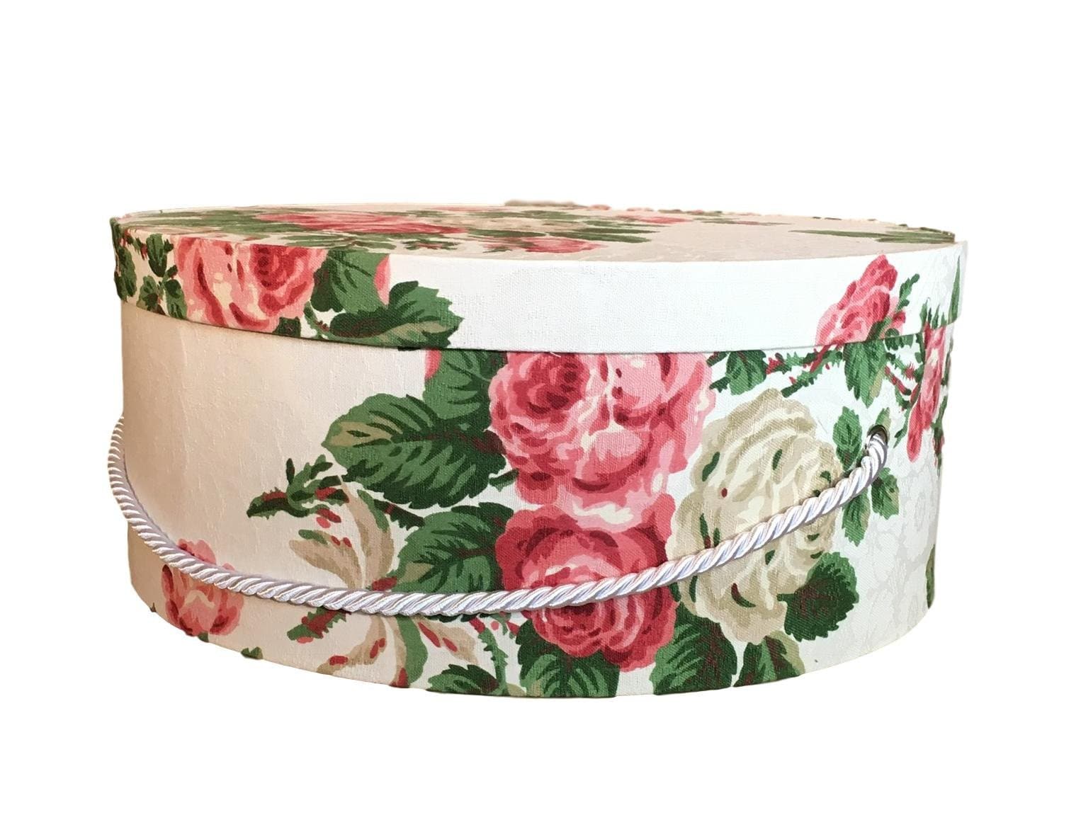 Extra Large 18” Hat Box in Red Roses on White Jacquard Fabric