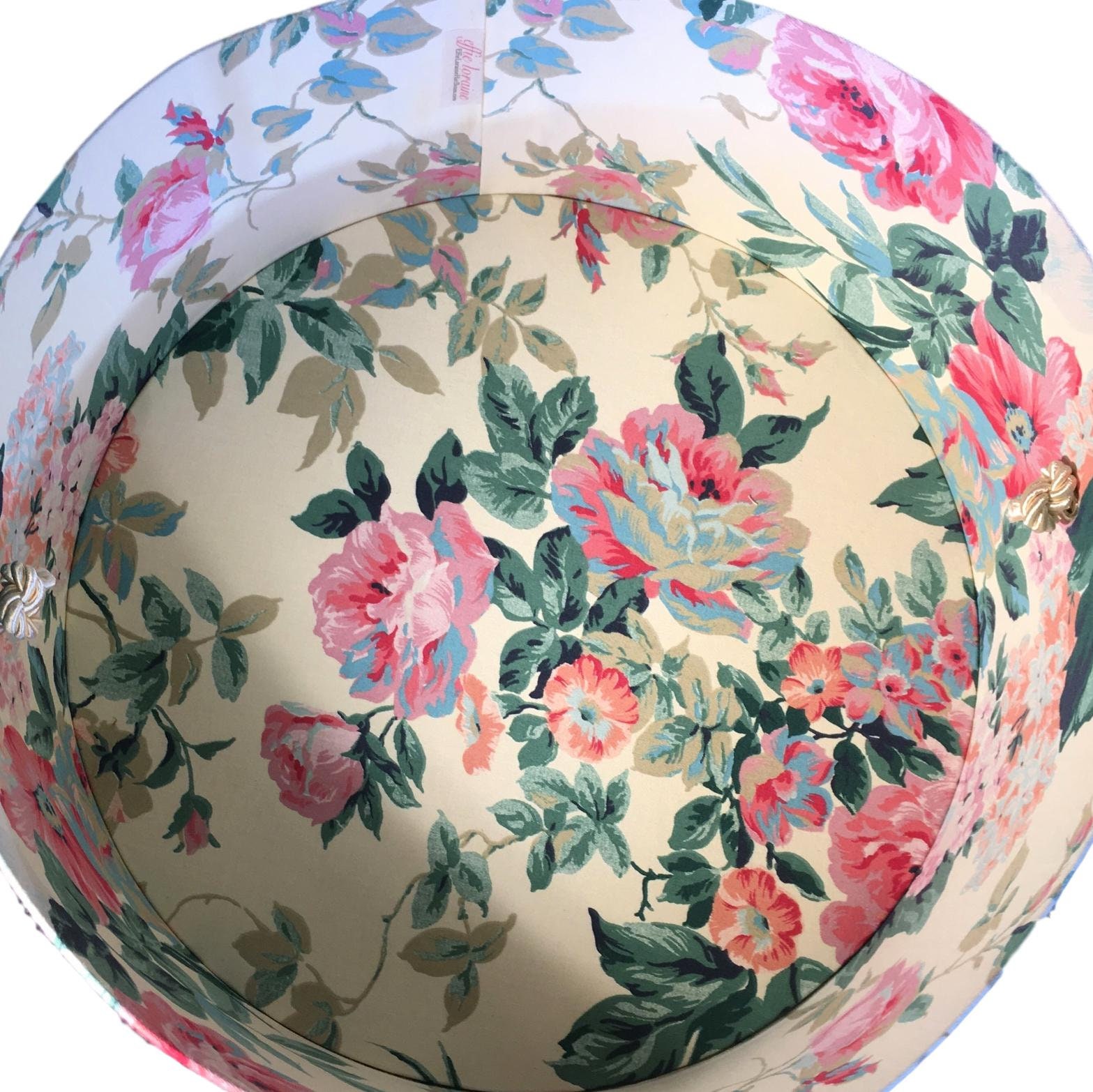 Extra Large 20” Hat Box in Floral On Buttercream Fabric