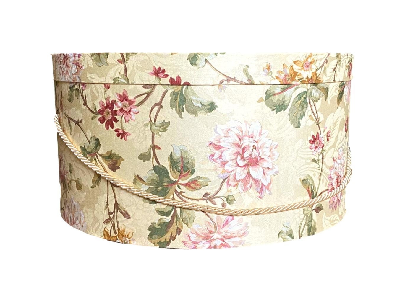 Extra Large 20”X9” Hat Box in Red, Blue, Green, Ecru Floral Fabric