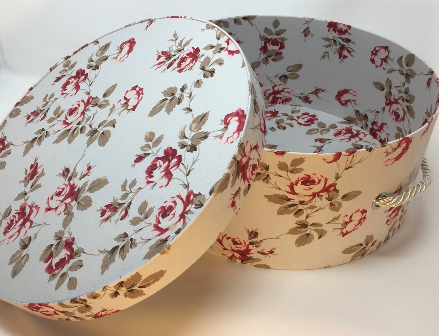 Hat Box in Red Roses on Pale Blue, Large Decorative Fabric Covered Hat