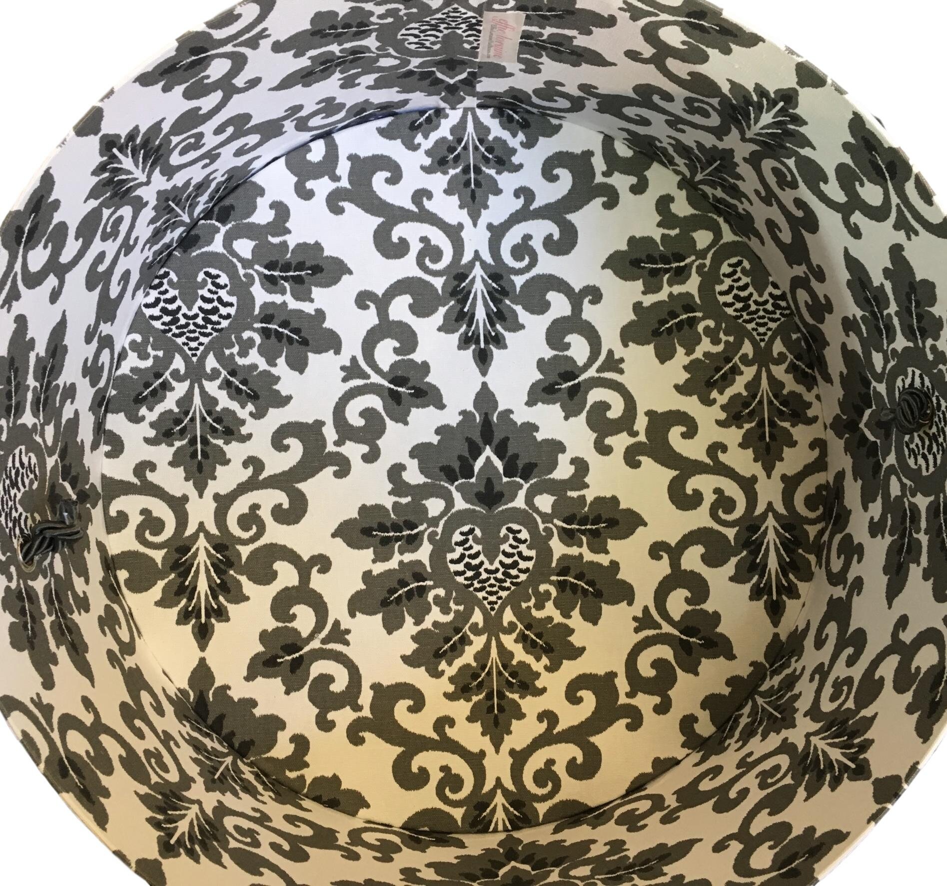 Large 17” Hat Box in Black, Grey and White Damask Fabric
