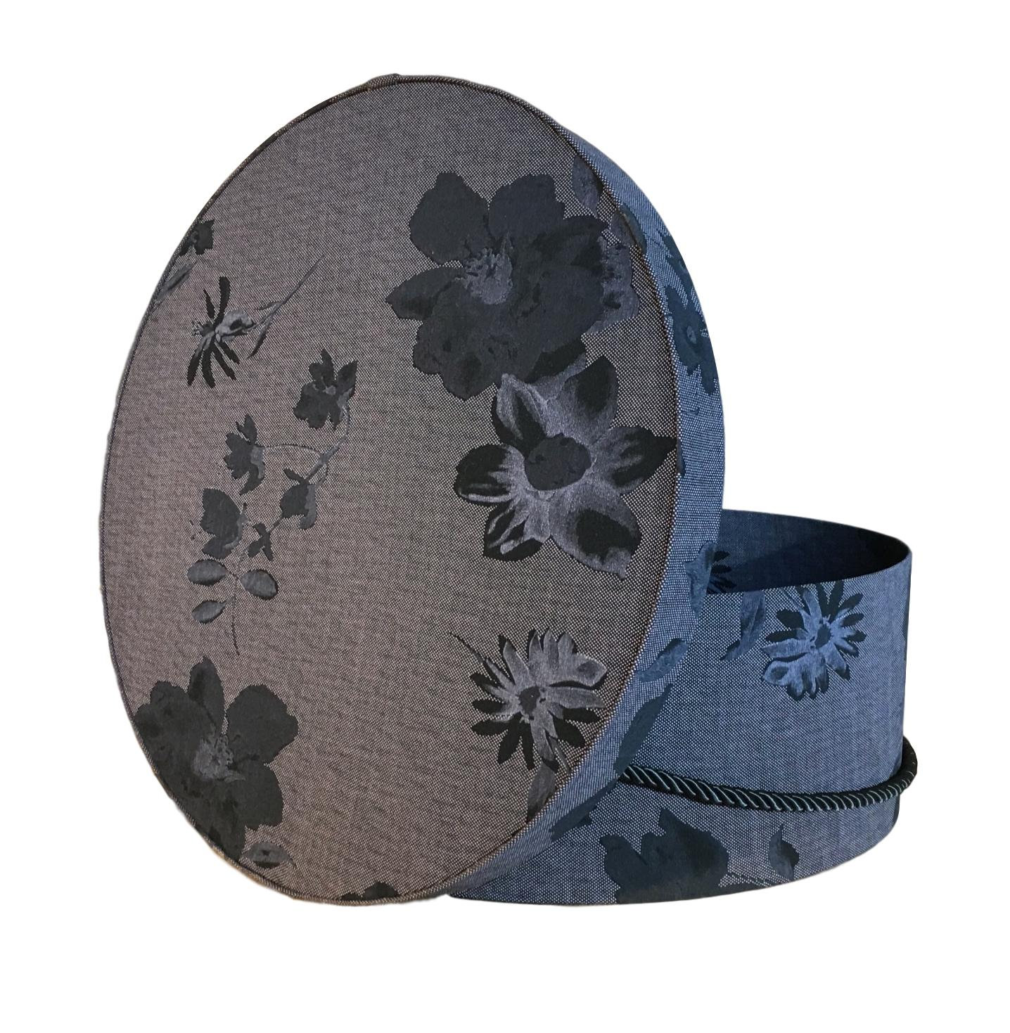 Extra Large 18” Hat Box in Black on Grey Floral Fabric