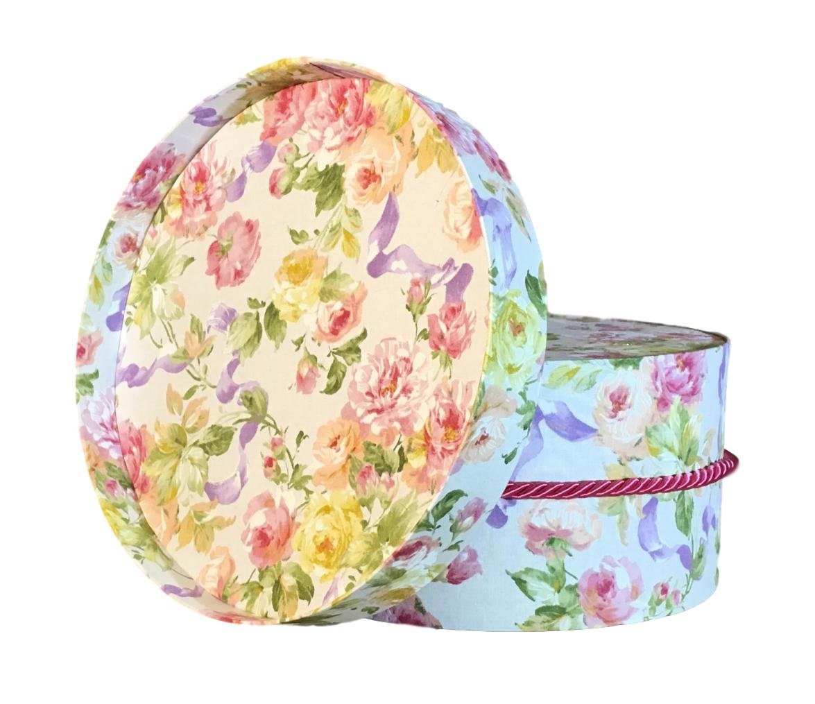10” Small Hat Box in Pink and Purple Floral Fabric