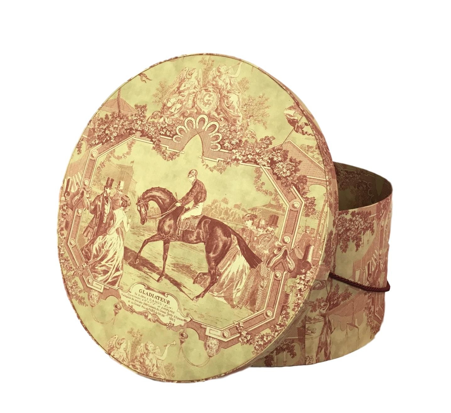 Extra Large 20” Hat Box in Vintage French Ascot Equestrian Fabric