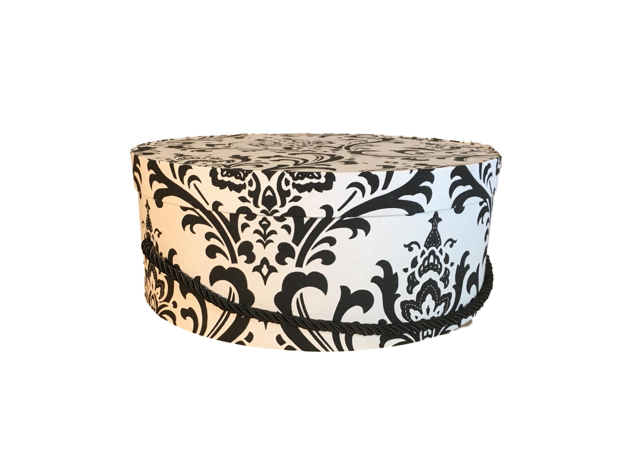 Large 17” Hat Box in Black and White Damask Fabric