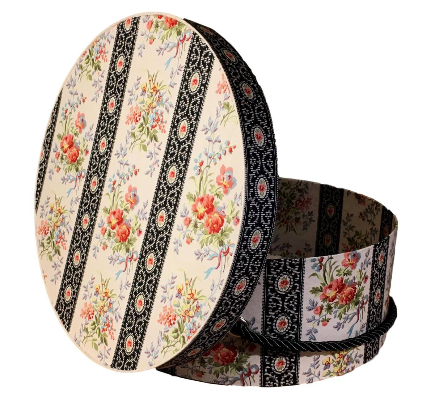 13” Hat Box in Floral and Black Stripe Fabric