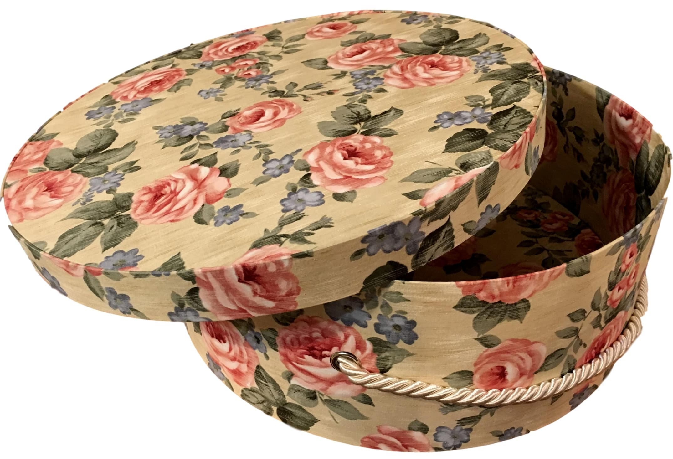 Large 16” Hat Box in Pink Rose Floral, Hat Boxes, Large Decorative Fabric Covered Boxes, Round