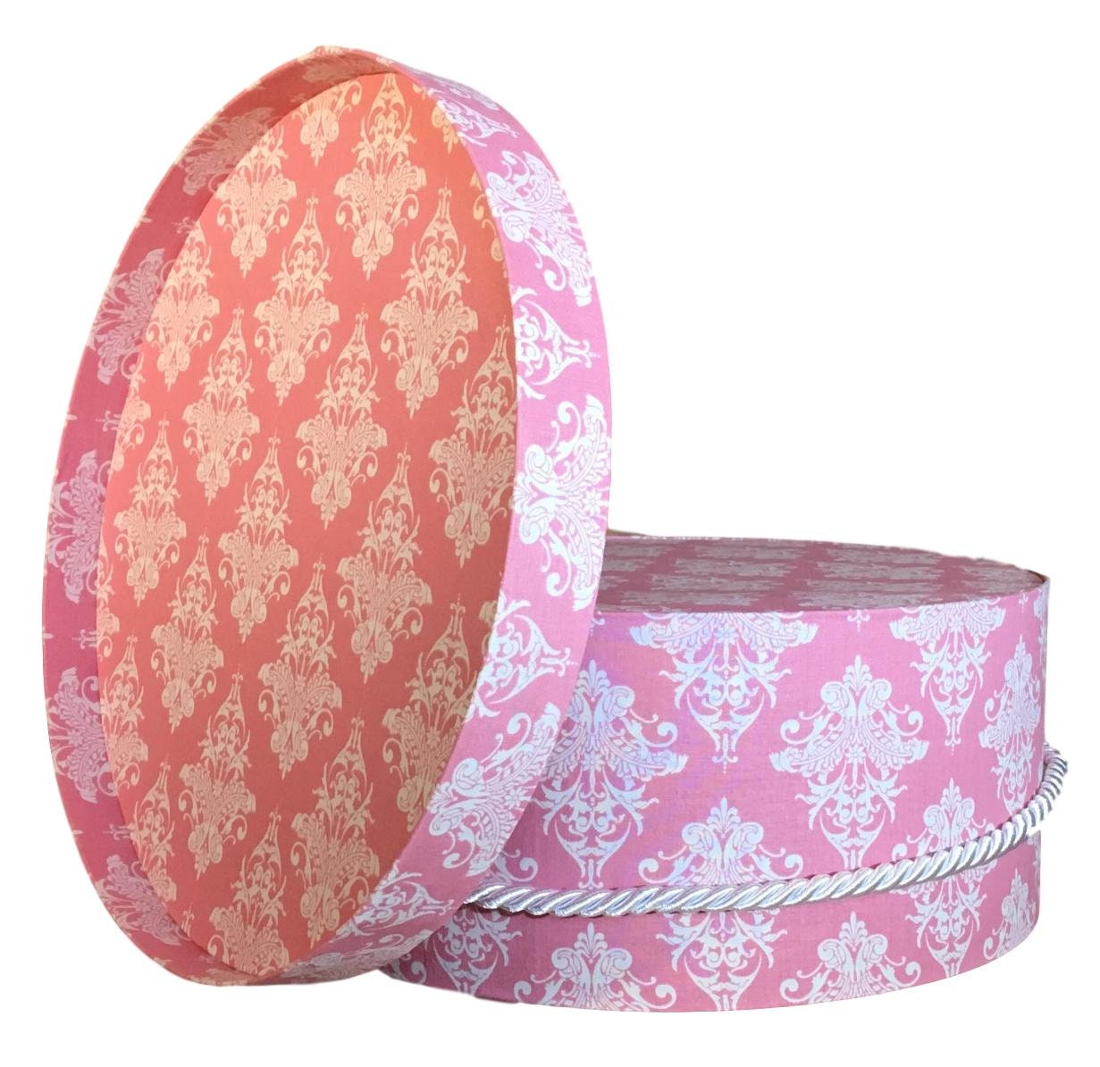 14” Hat Box in Pink and White Damask Fabric
