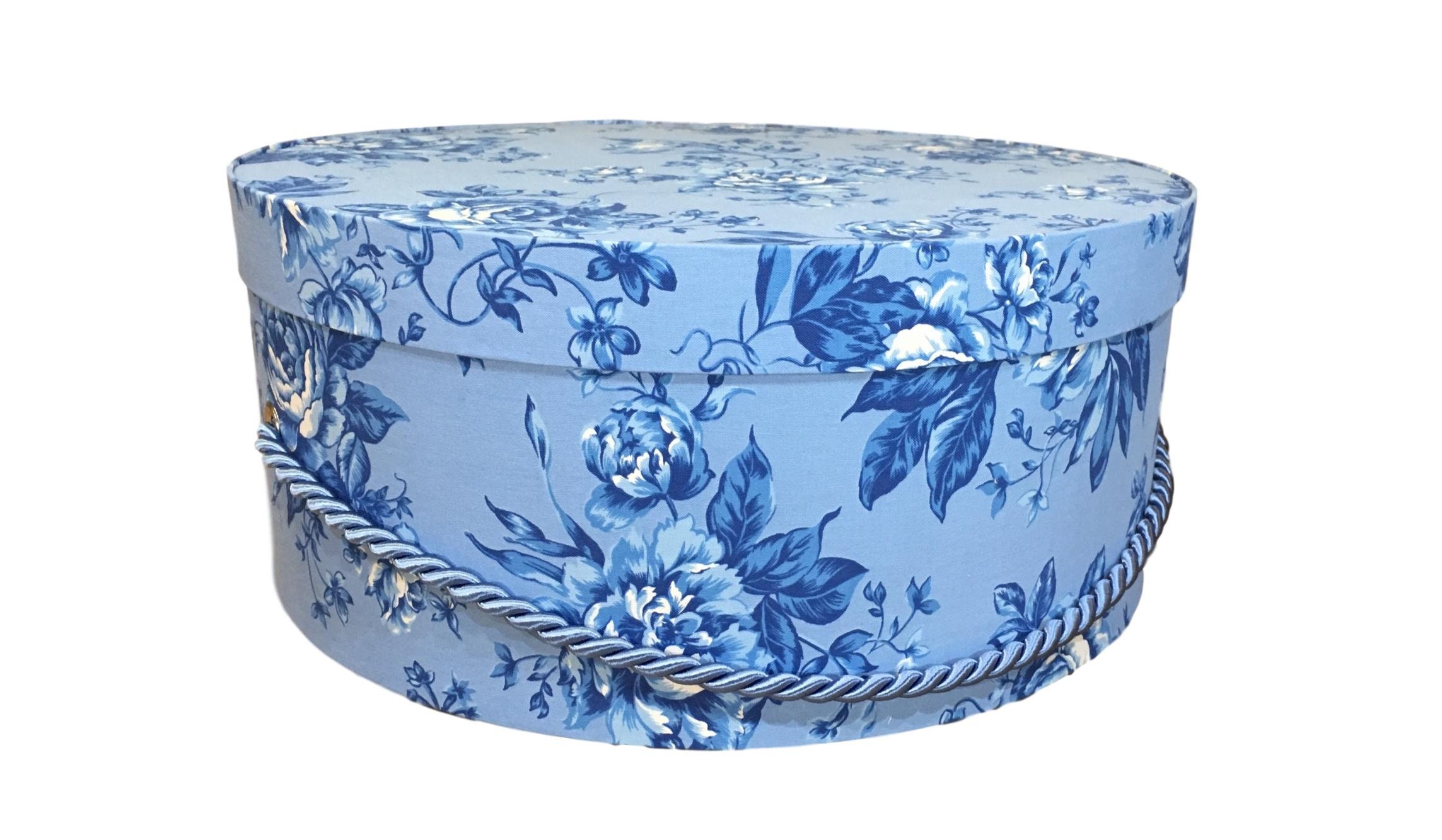 Large 15” Hat Box in Blue Floral Fabric
