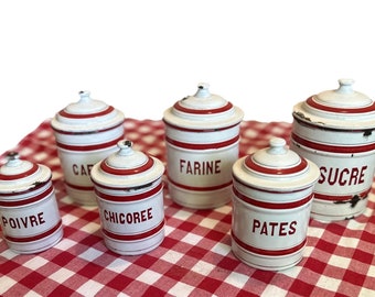 French Enamelware Canisters c. 1930 Complete Set of Six