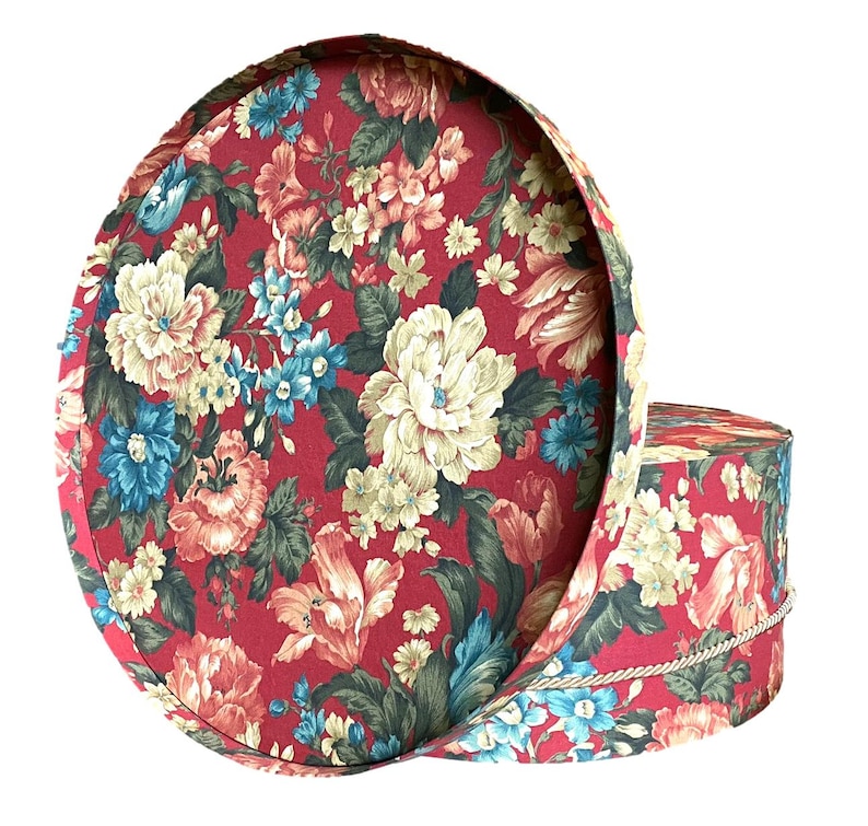 Extra Large 20X9 Hat Box in Red, Blue, Green, Ecru Floral Fabric image 2