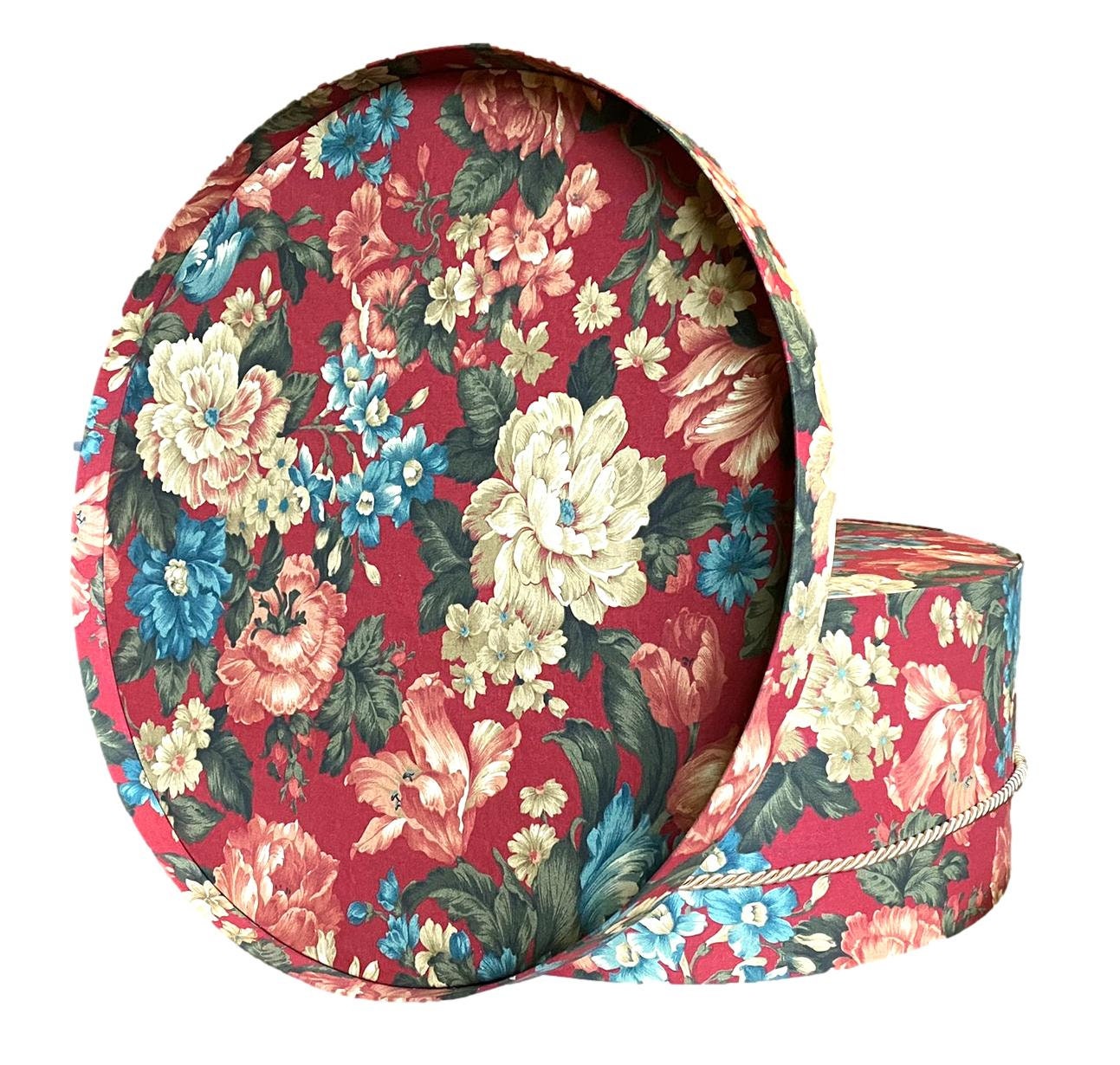 Extra Large 20”X9” Hat Box in Red, Blue, Green, Ecru Floral Fabric