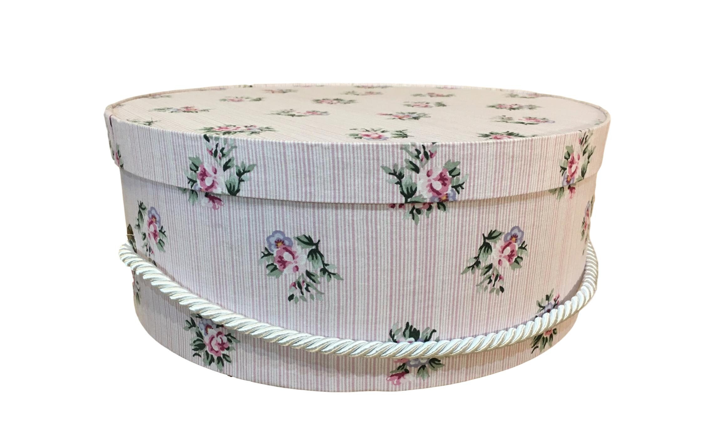 Small 11”Hat Box in Pink Floral Stripe Fabric