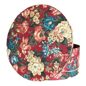 Extra Large 20X9 Hat Box in Red, Blue, Green, Ecru Floral Fabric image 3