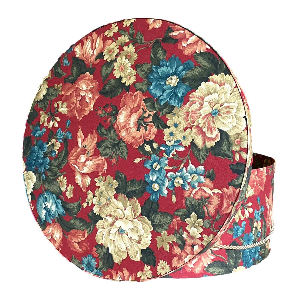 Extra Large 20”X9” Hat Box in Red, Blue, Green, Ecru Floral Fabric