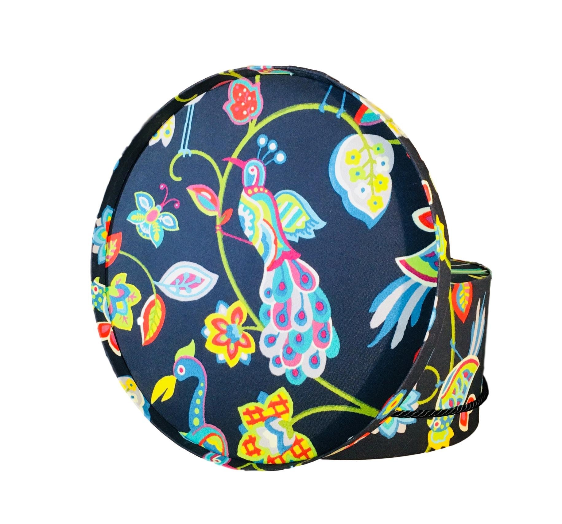 Reserved for Patty 17” Large Hat Box in Colorful Birds on Black Fabric