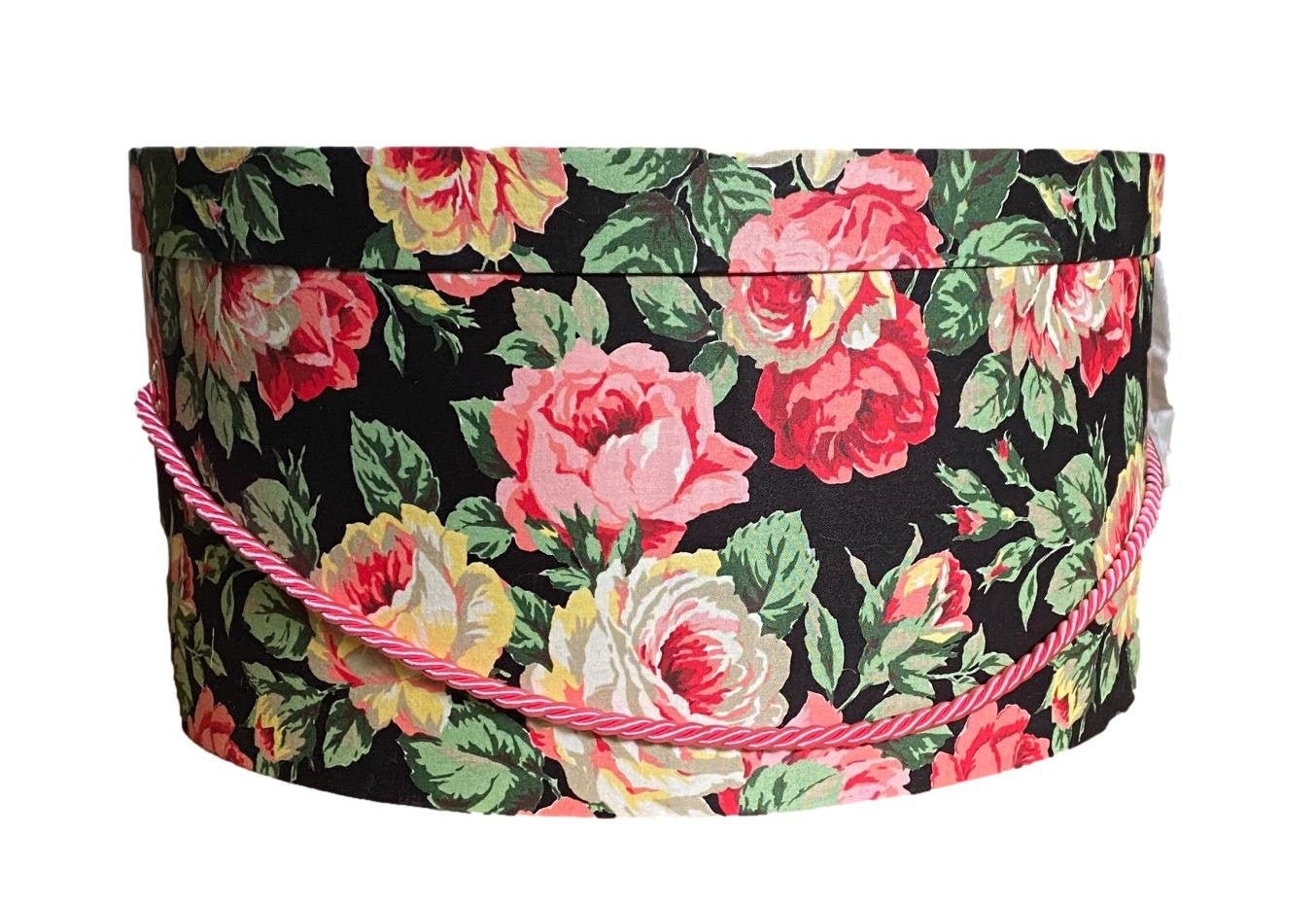 Large 16 Hat Box in Pink and Red Roses on Black Fabric 