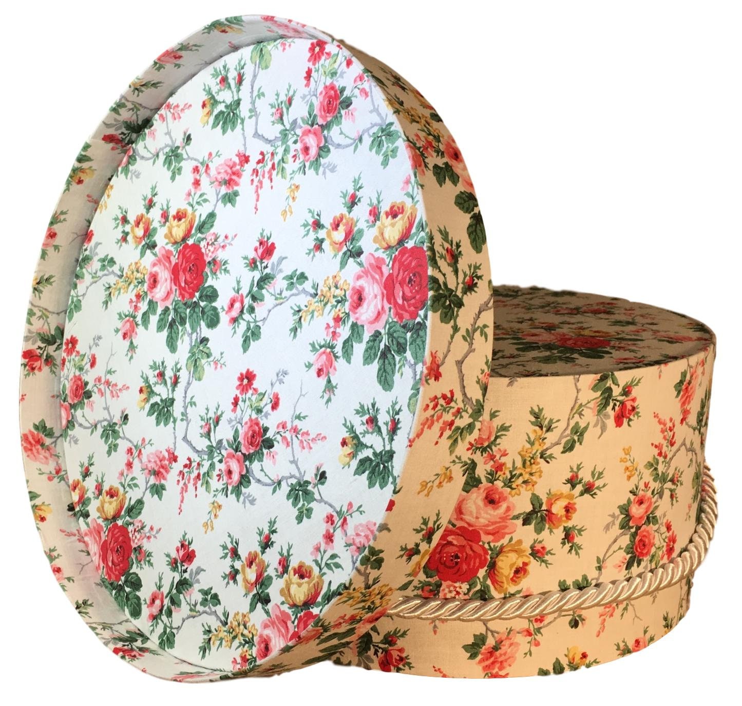 12”Hat Box in Roses on Cream Floral, Round Box, Gift Box, Fabric