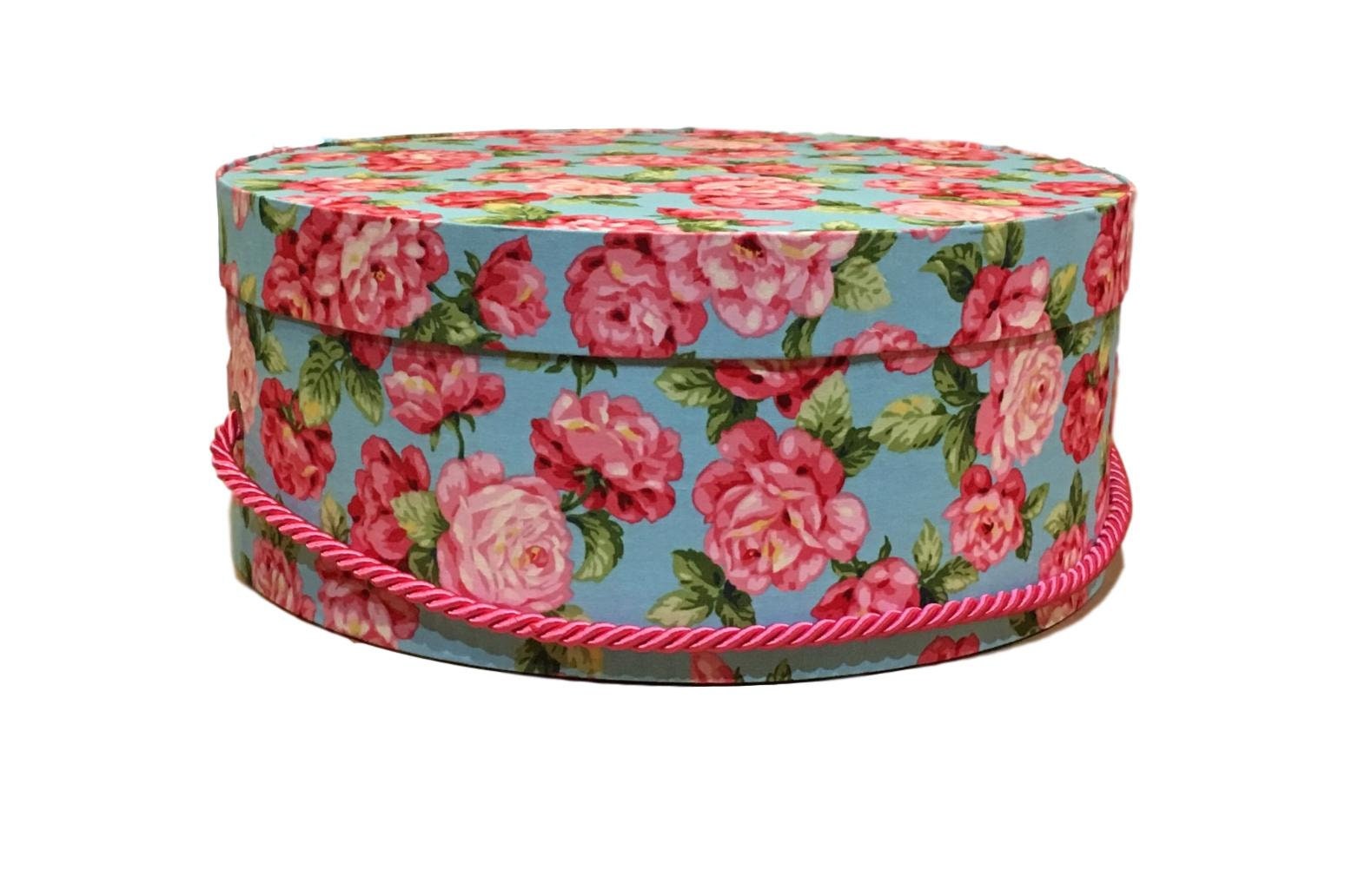 13” Hat Box in Blue with Pink Floral Fabric