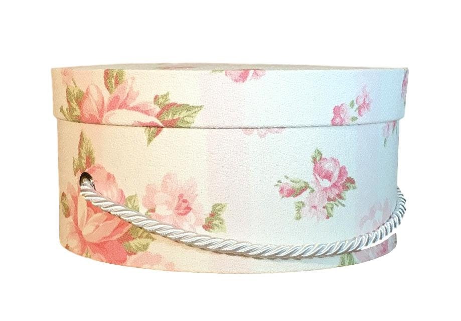 Small 11” Hat Box in Soft Pink and White Floral Stripe Fabric