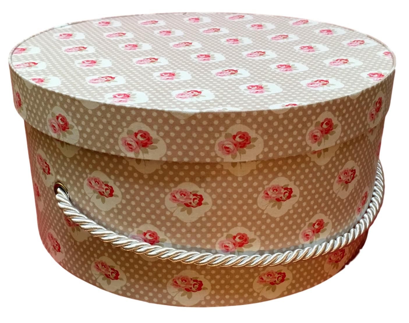 Hat Box in Tan Polka Dot Fabric, Large Decorative Fabric Covered Hat