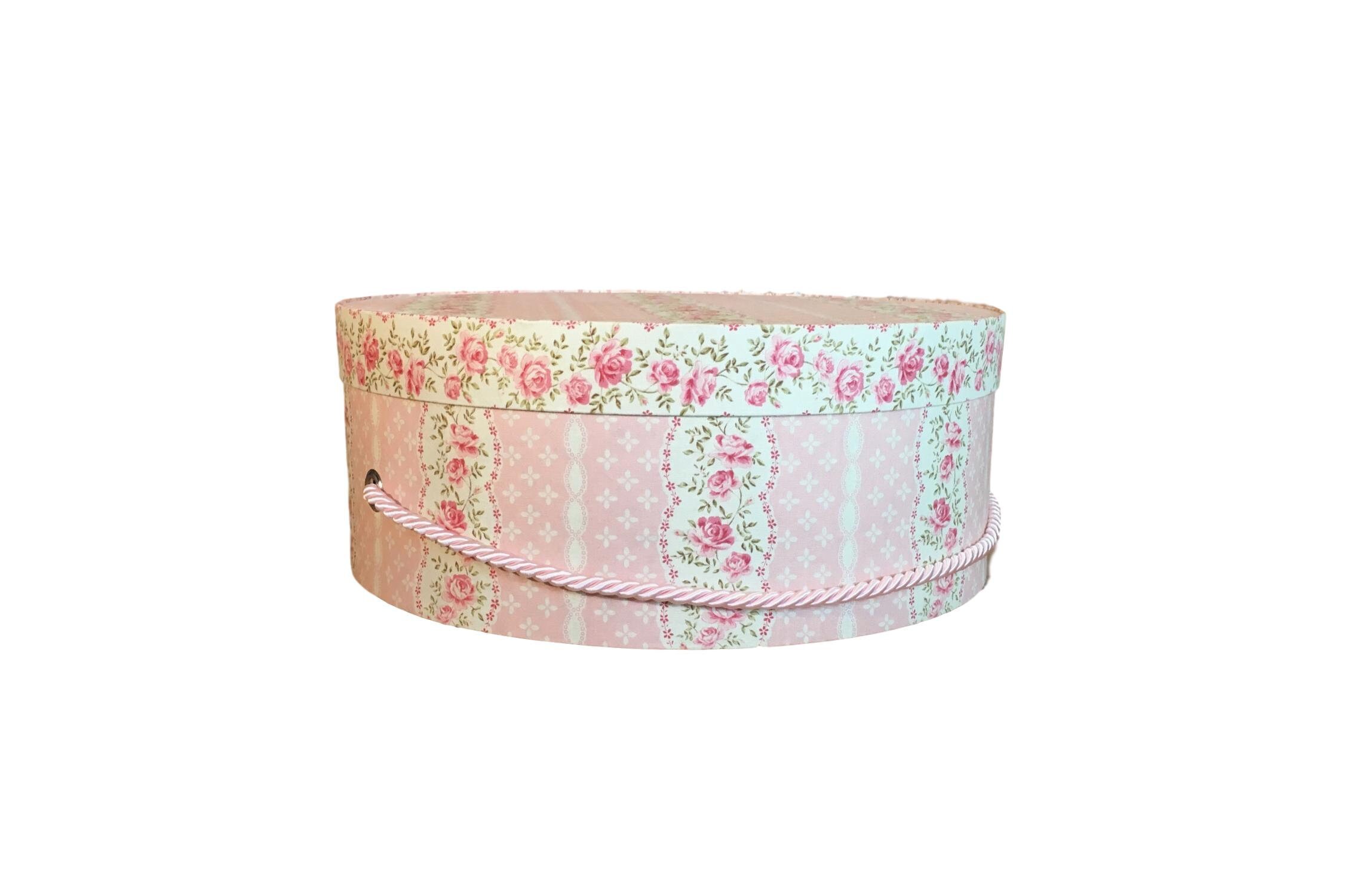 14” Hat Box in Pink and Cream Floral Stripe Fabric, Decorative Covered