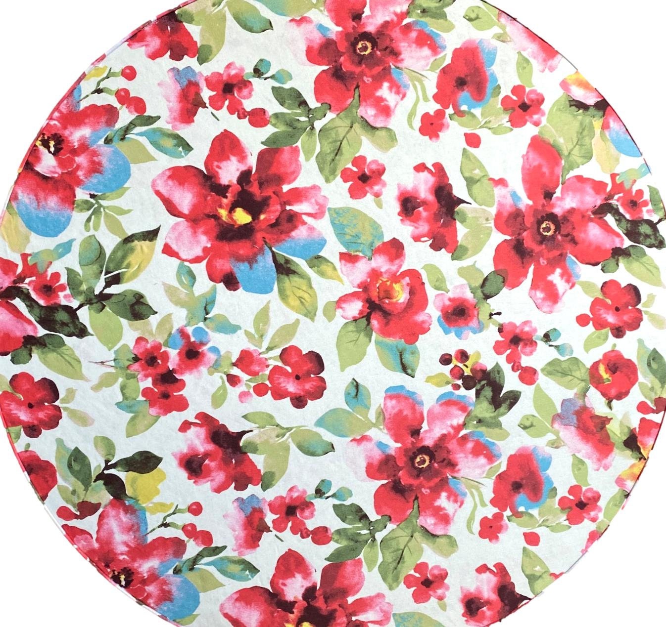 Extra Large 20”X9” Hat Box in Red, Blue, Green, Ecru Floral Fabric