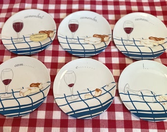 Limoges Plates Whimsical Camembert Wine and Cheese Picnic Porcelaine de Solange Set of Six