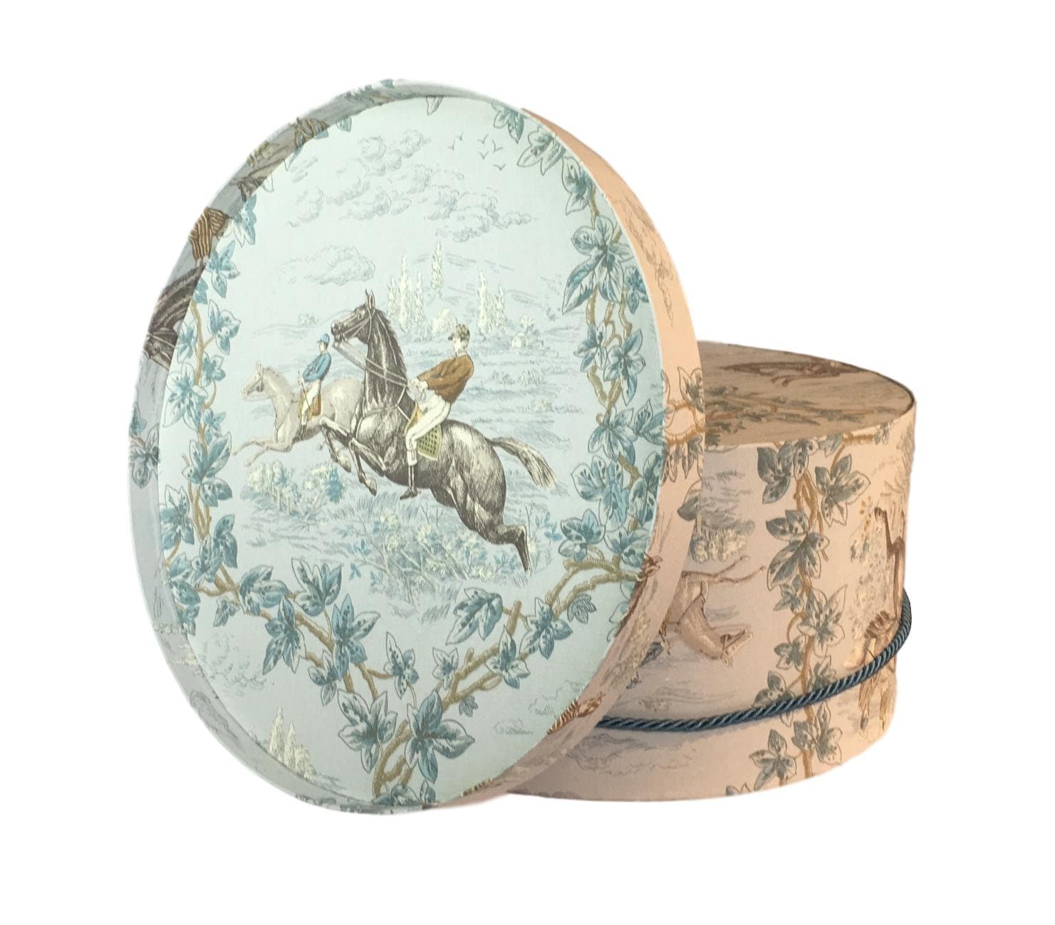 Extra Large 17” Hat Box in Blue Equestrian Horse Race Fabric
