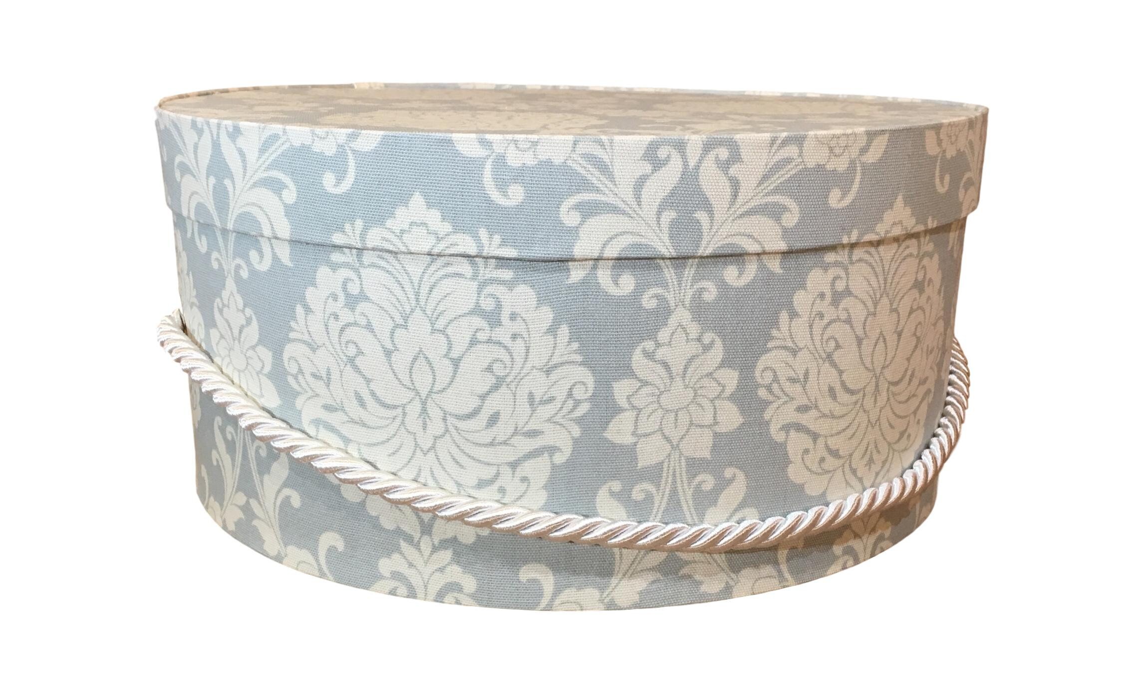 14” Hat Box in Blue and White Damask Fabric