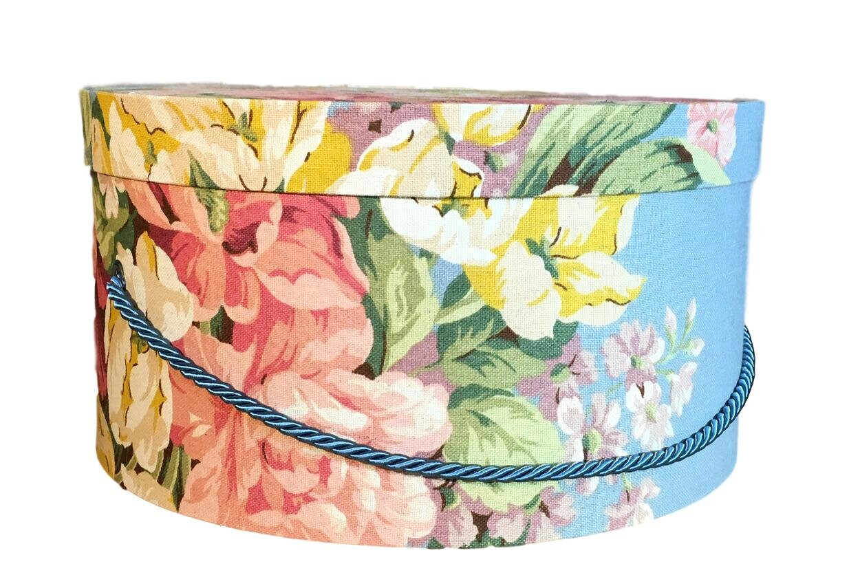 Large 16” Hat Box in Vintage Blue Floral Linen Fabric