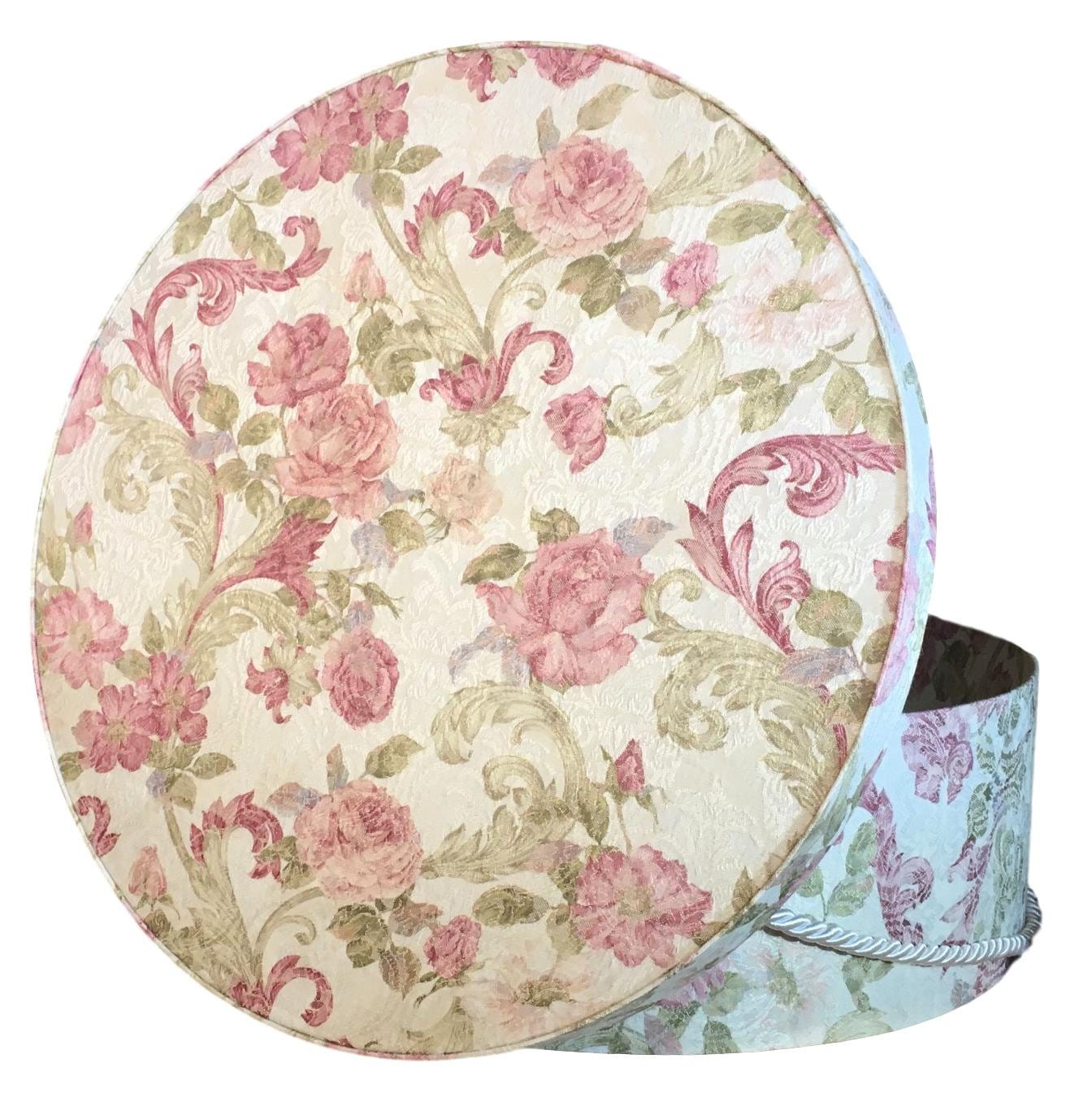 Extra Large 18” Hat Box in Pink Scroll Floral on Cream, Decorative