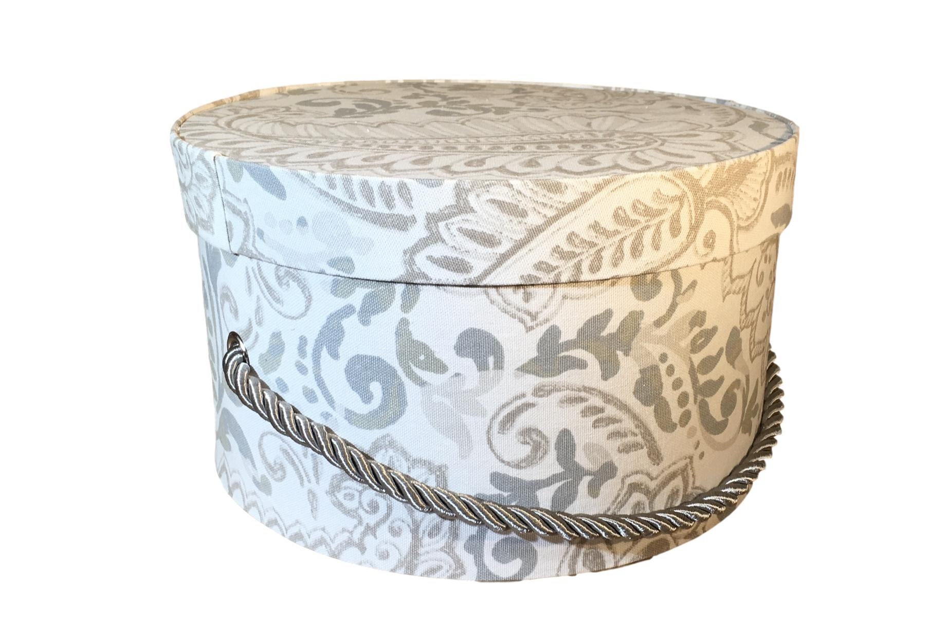 Small Hat Box in Grey Paisley Floral Fabric, Ready to ship French