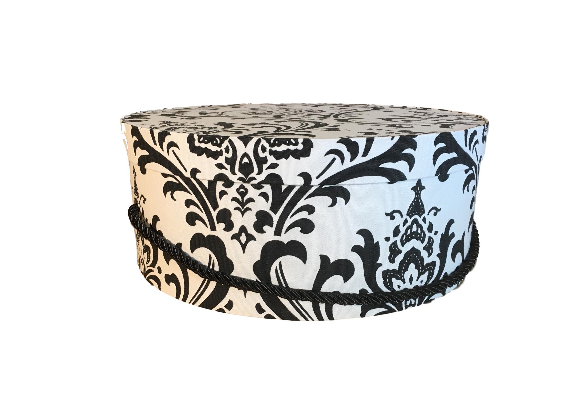 Large 17” Hat Box in Black and White Damask Fabric