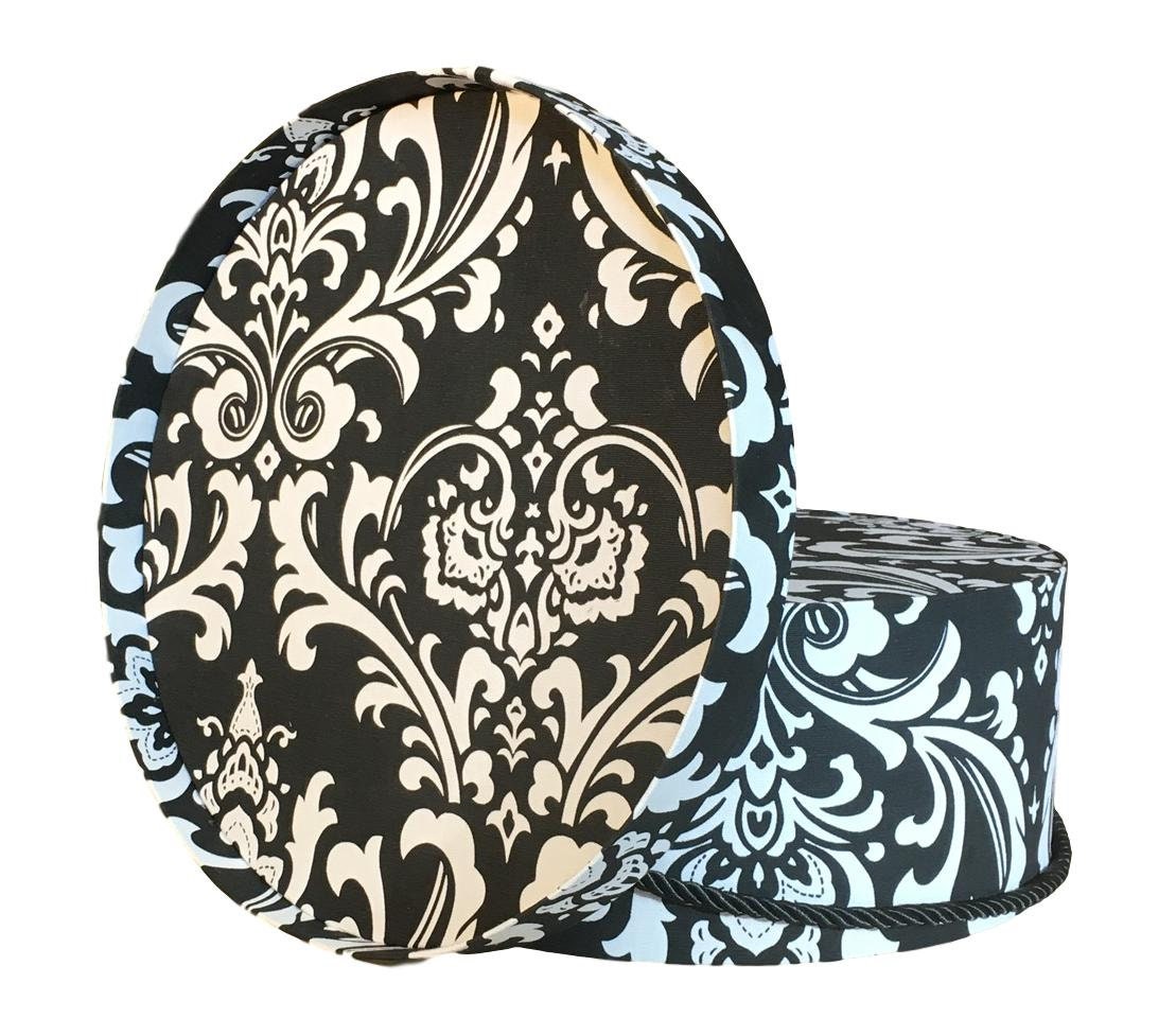14” Hat Box in Black and White Damask, Decorative Fabric Covered Hat