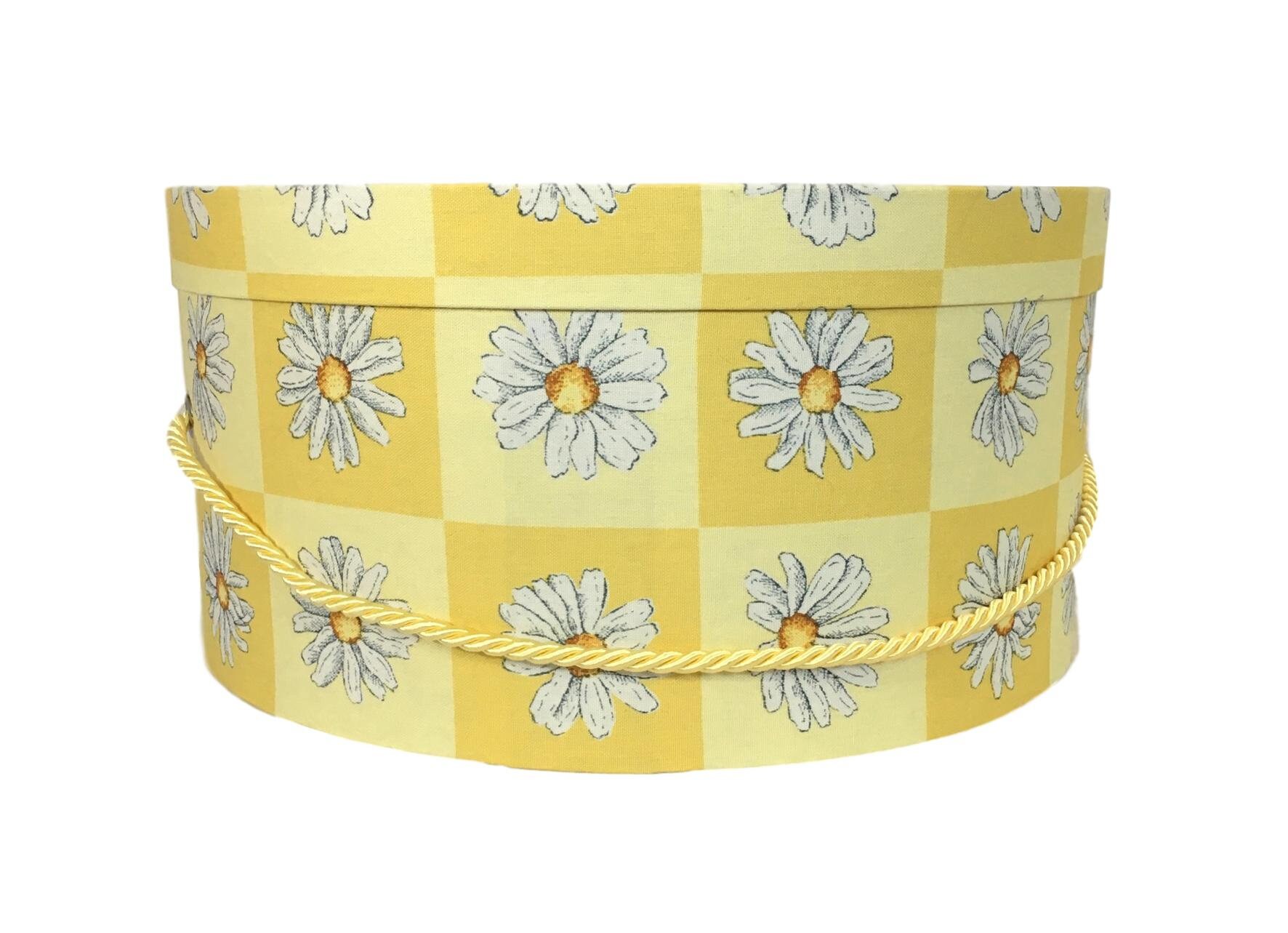 Large 15” Hat Box in Bright Yellow with Daisies Fabric