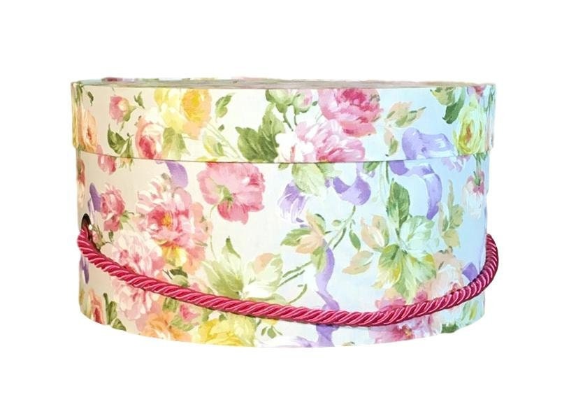 10” Small Hat Box in Pink and Purple Floral Fabric