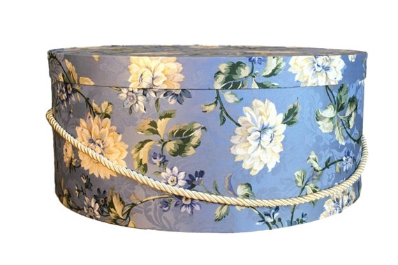 Large 16X 8 Hat Box in White and Blue Floral Fabric 
