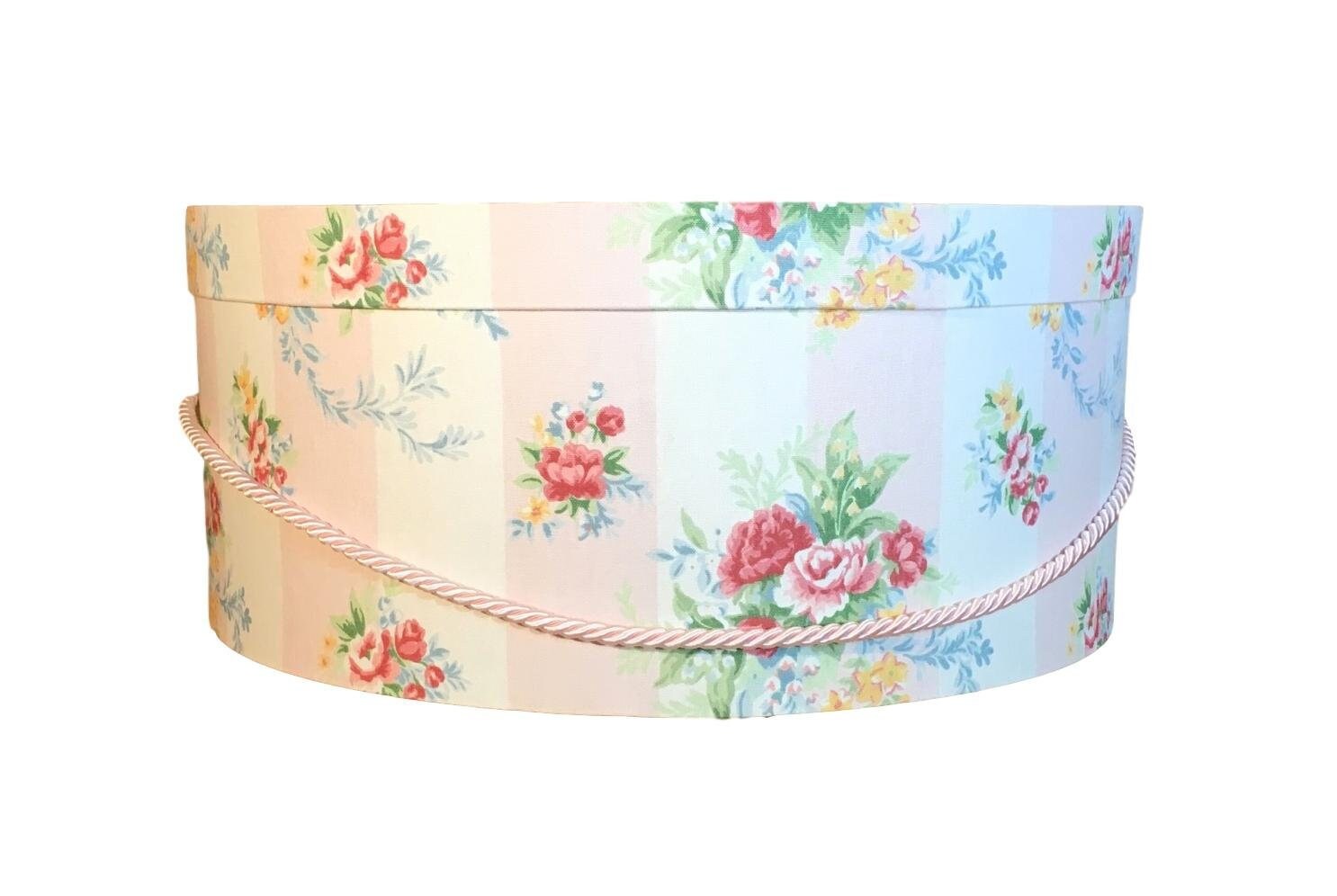 Large 17” Hat Box in Pink and White Floral Stripe Fabric