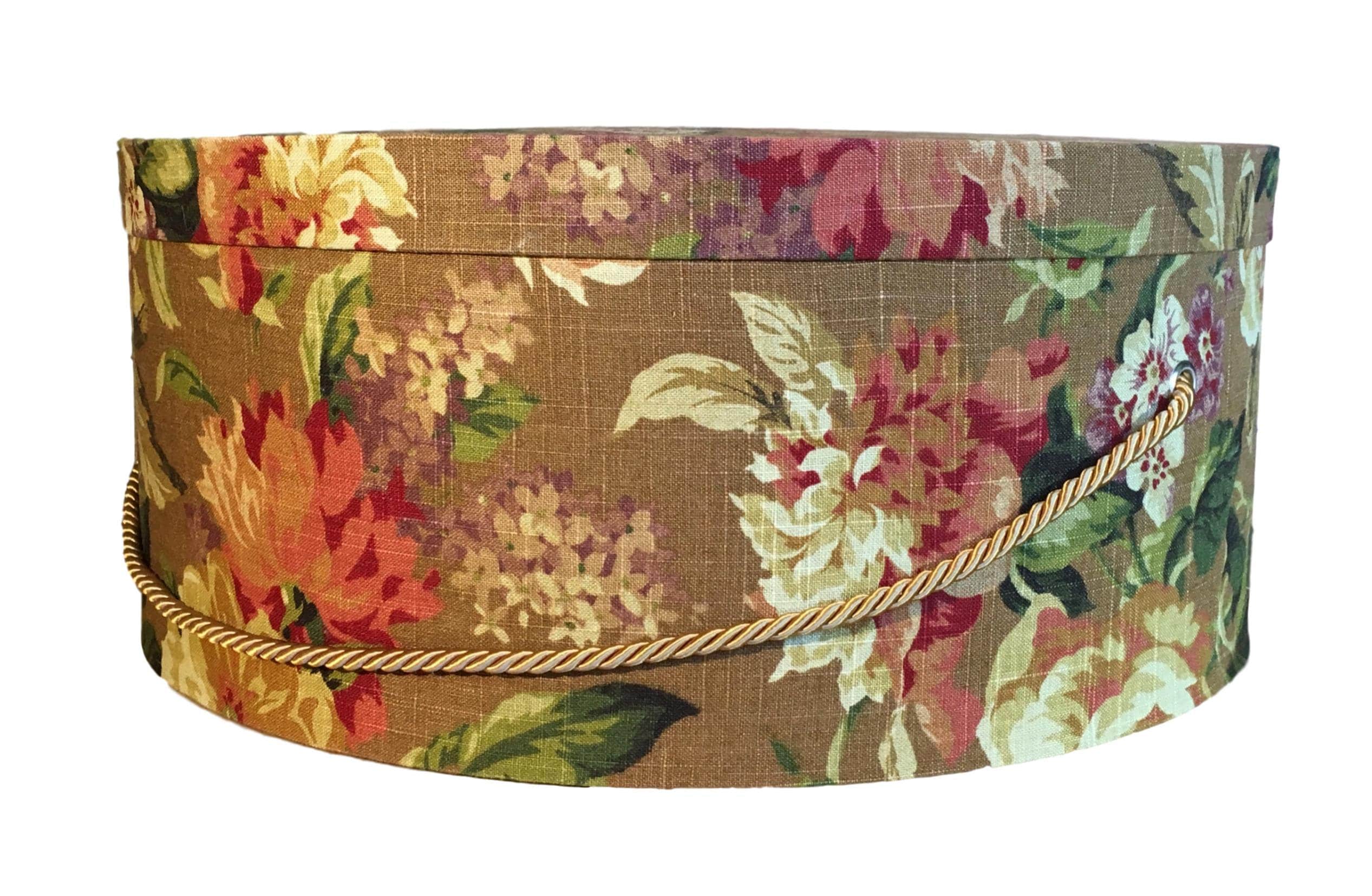 Extra Large 20” Hat Box in Brown and Jewel Tones Floral Fabric