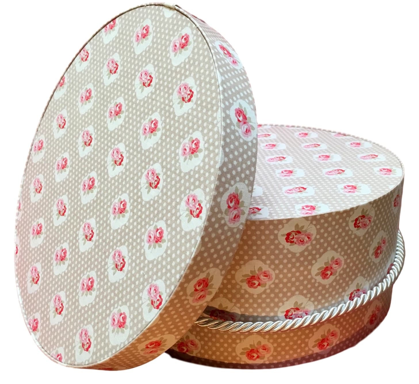 Hat Box in Tan Polka Dot Fabric, Large Decorative Fabric Covered Hat