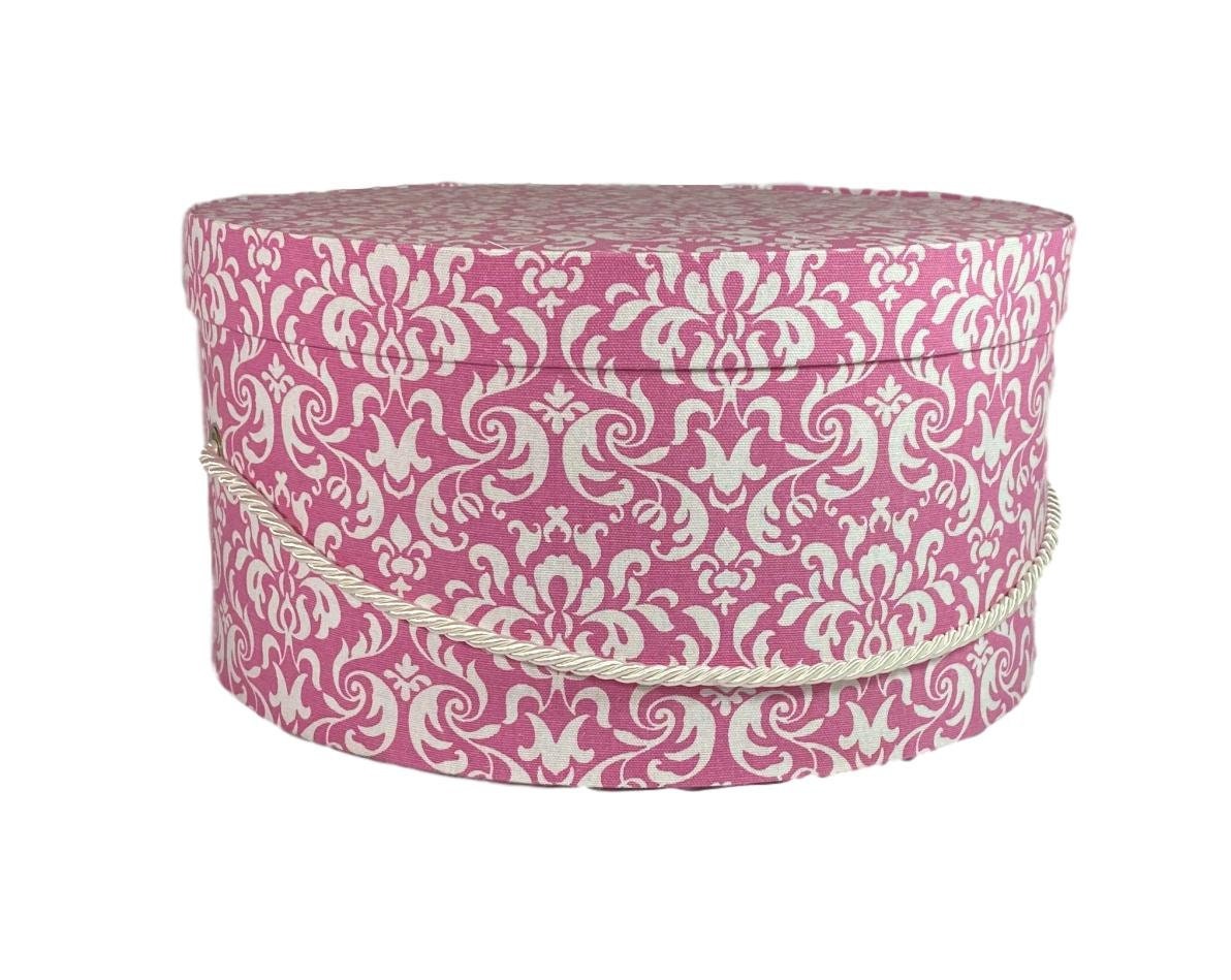 14” Hat Box in Pink Damask Fabric